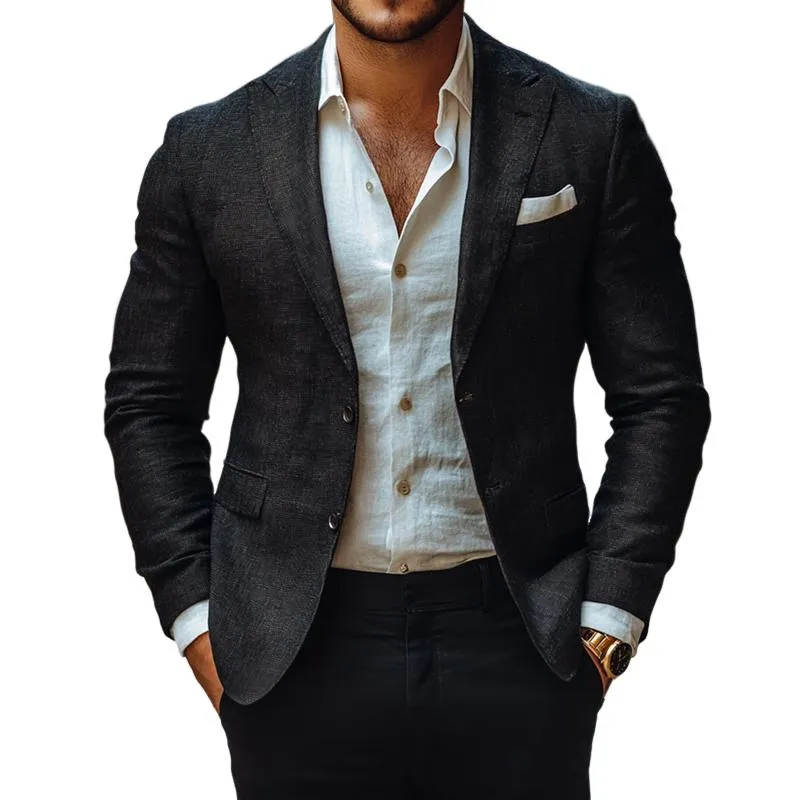Men's Fashion Solid Color Linen Peak Lapel Two Buttons Casual Blazer 33371836Z sold by Manly