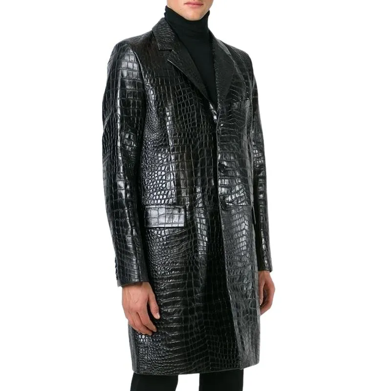 Men's Classic Mid-length Lapel Croc-effect Leather Coat 15085990F sold by Manly