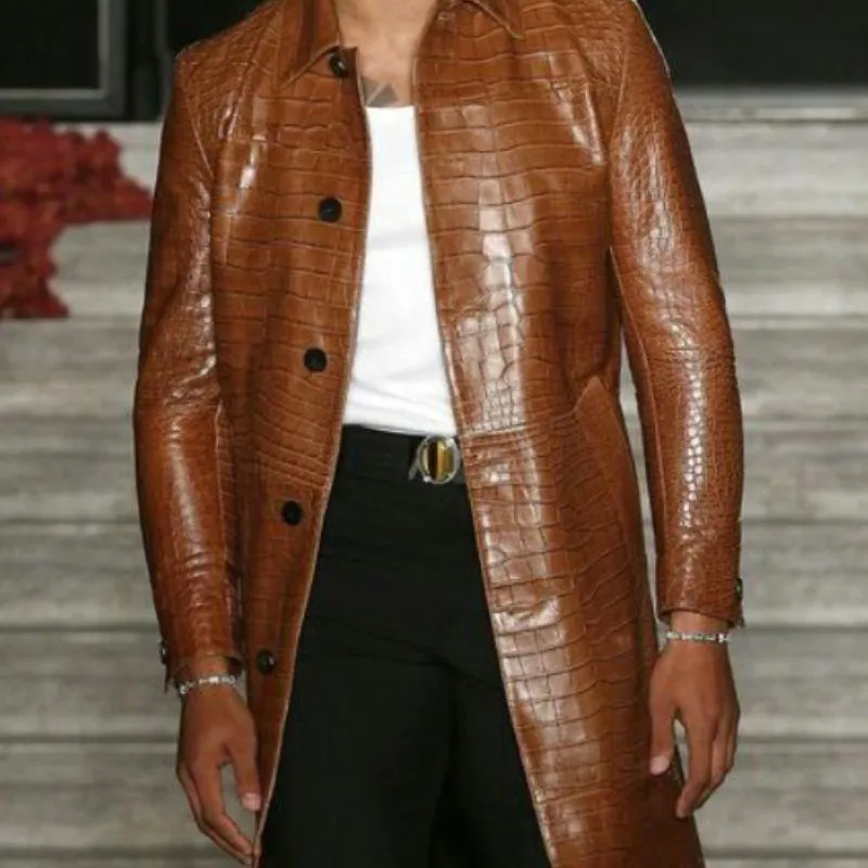 Men's Vintage Mid-length Lapel Croc-effect Leather Coat 35477830F sold by Manly product image thumbnail 3