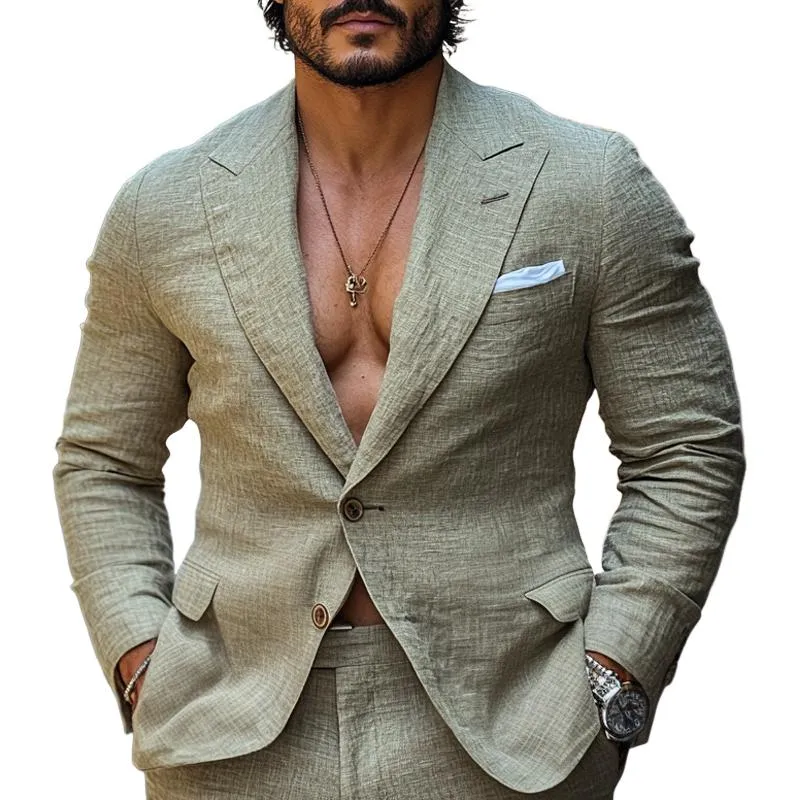 Men's Fashion Linen Peak Lapel Two Buttons Casual Blazer 80755220Z sold by Manly