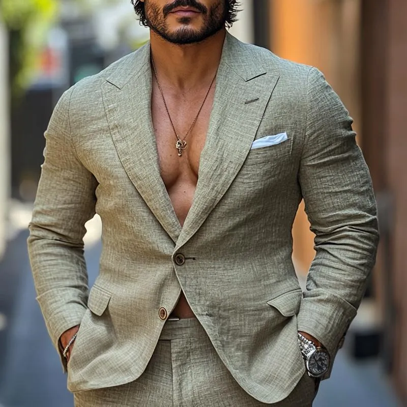 Men's Fashion Linen Peak Lapel Two Buttons Casual Blazer 80755220Z sold by Manly product image thumbnail 2