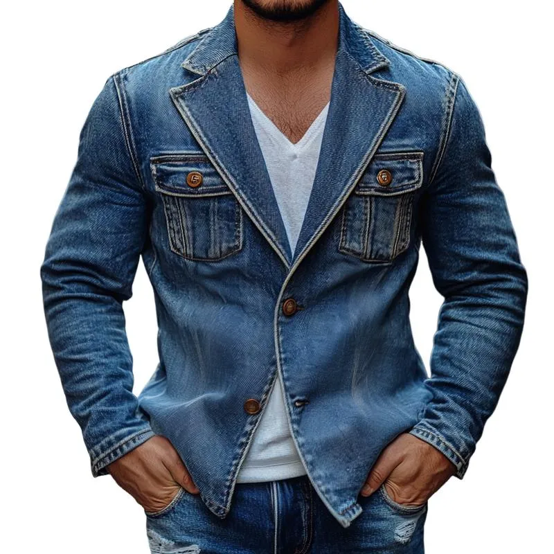 Men's Fashion Washed Notch Lapel Two Buttons Denim Jacket 62416644Z sold by Manly