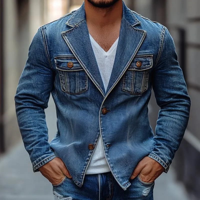 Men's Fashion Washed Notch Lapel Two Buttons Denim Jacket 62416644Z sold by Manly product image thumbnail 2