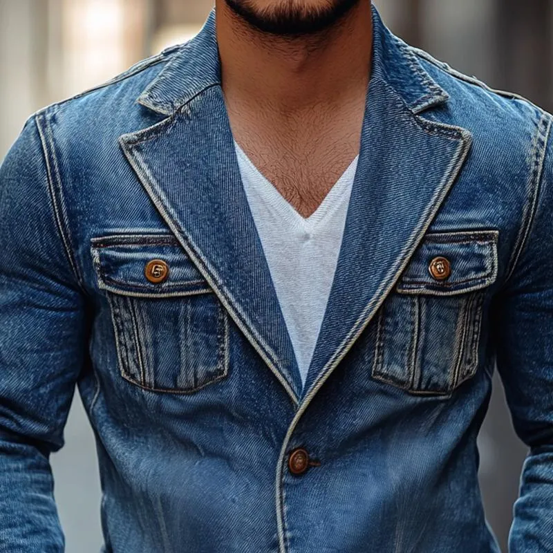 Men's Fashion Washed Notch Lapel Two Buttons Denim Jacket 62416644Z sold by Manly product image thumbnail 3