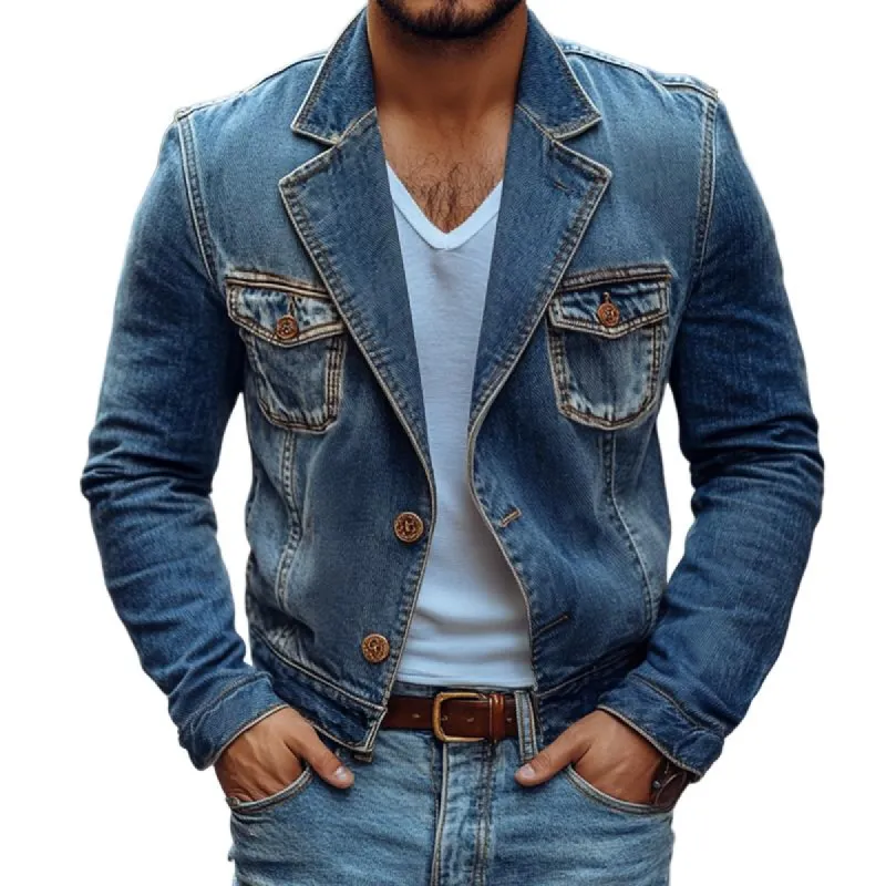 Men's Fashion Washed Notch Lapel Two Buttons Denim Jacket 26514030Z sold by Manly