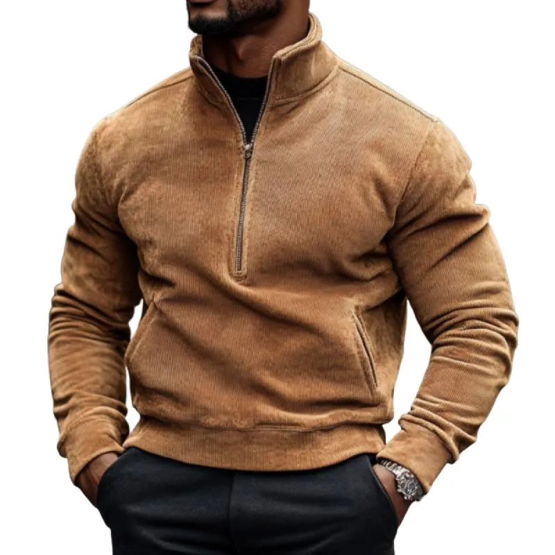 Men's Classic Casual Stand Collar Zipper Corduroy Polo Shirt 68976847K sold by Manly