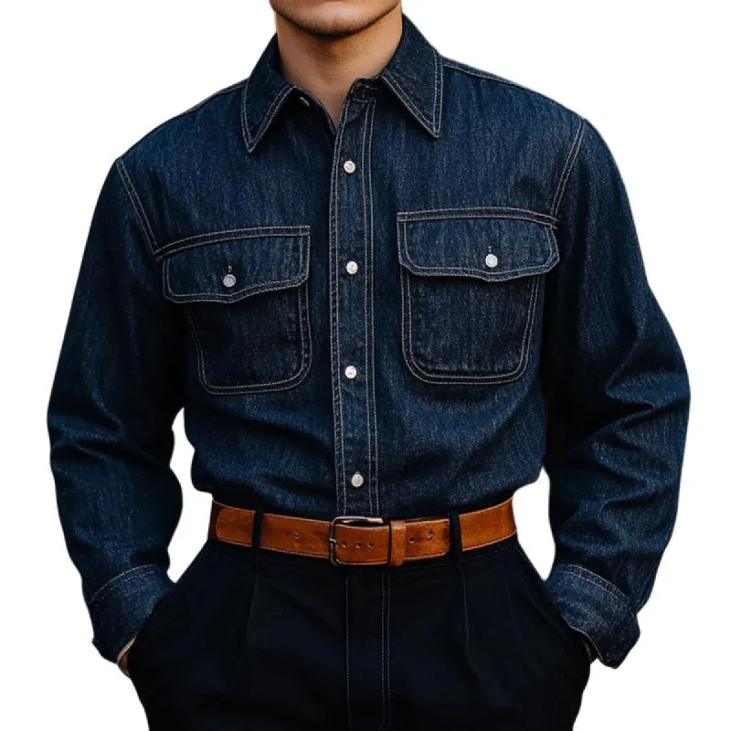 Men's Vintage Dark Blue Denim Long Sleeve Shirt 83904215U sold by Manly