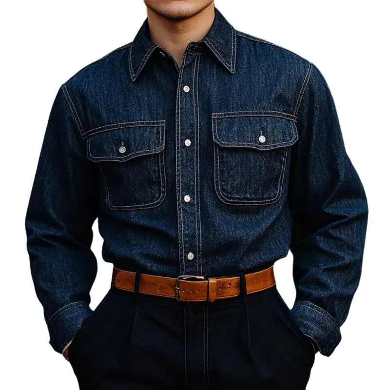 Men's Vintage Dark Blue Denim Long Sleeve Shirt 83904215U sold by Manly