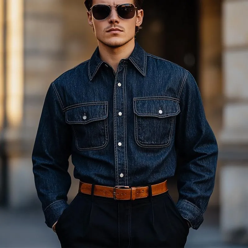 Men's Vintage Dark Blue Denim Long Sleeve Shirt 83904215U sold by Manly product image thumbnail 2