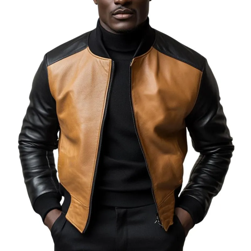Men's Vintage Leather Panel Zipper Jacket 10566729U sold by Manly