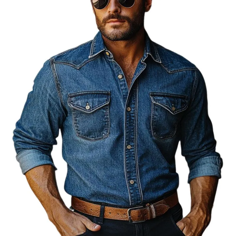 Men's Vintage Blue Washed Denim Long Sleeve Shirt 14438944U sold by Manly