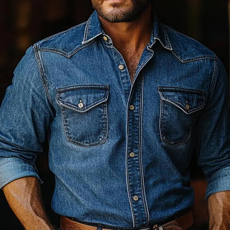 Men's Vintage Blue Washed Denim Long Sleeve Shirt 14438944U sold by Manly product image thumbnail 4
