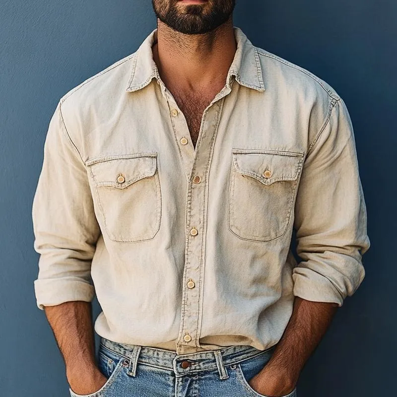 Men's Vintage Apricot Washed Denim Long Sleeve Shirt 54377304U sold by Manly product image thumbnail 2