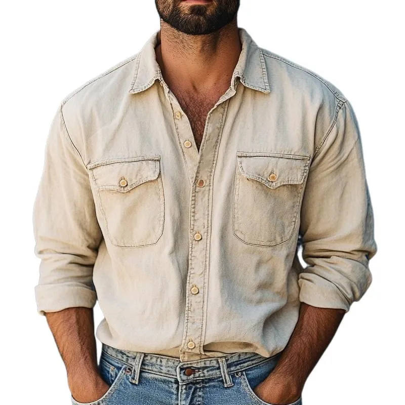 Men's Vintage Apricot Washed Denim Long Sleeve Shirt 54377304U sold by Manly