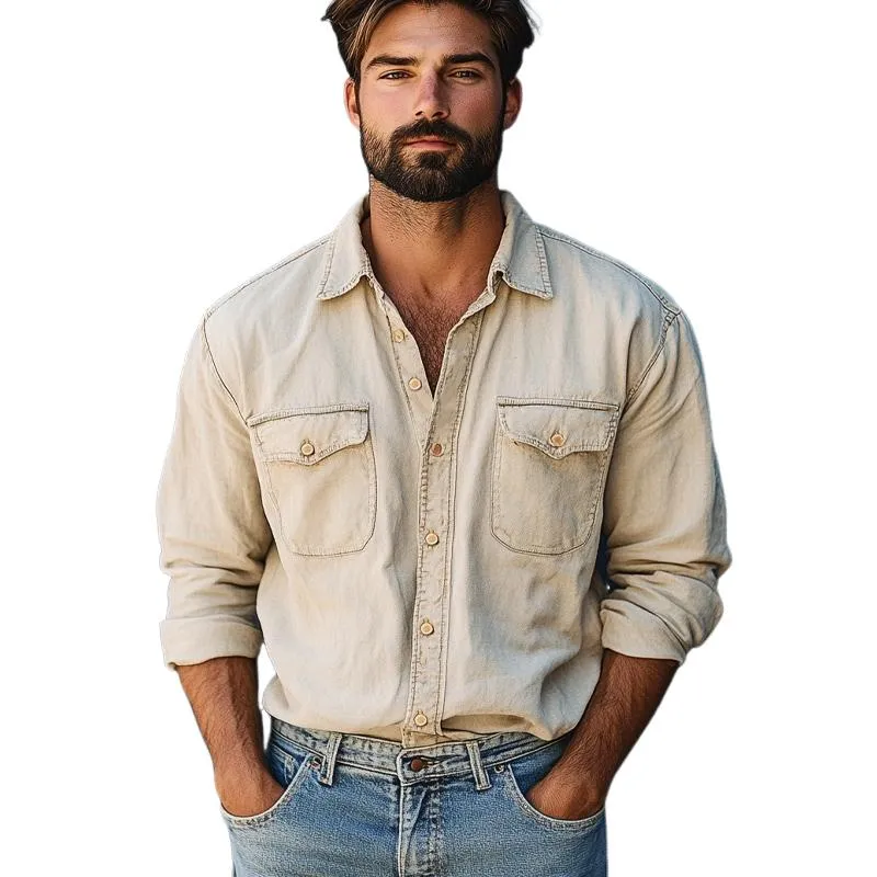 Men's Vintage Apricot Washed Denim Long Sleeve Shirt 54377304U sold by Manly product image thumbnail 3