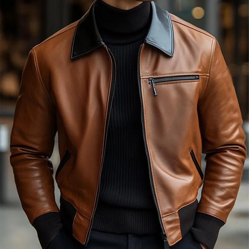 Men's Vintage Lapel Zipper Leather Jacket 53403571U sold by Manly product image thumbnail 2