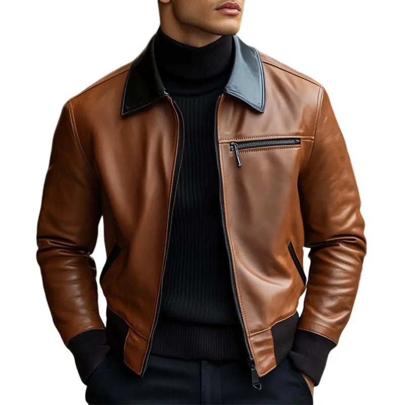 Men's Vintage Lapel Zipper Leather Jacket 53403571U sold by Manly
