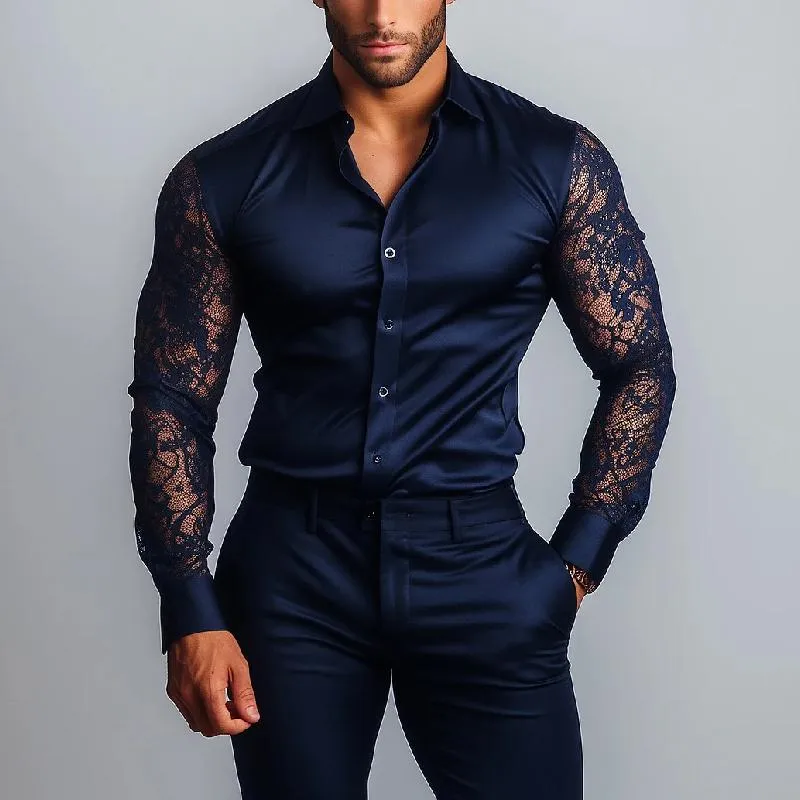 Men's Fashion Satin Lace Slim Fit Long Sleeve Shirt 11824392Y sold by Manly product image thumbnail 3