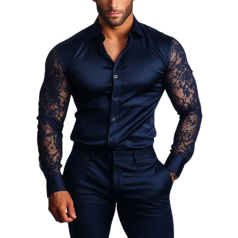 Men's Fashion Satin Lace Slim Fit Long Sleeve Shirt 11824392Y sold by Manly
