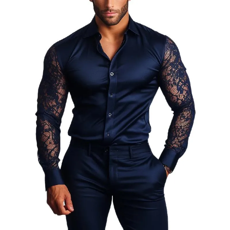 Men's Fashion Satin Lace Slim Fit Long Sleeve Shirt 11824392Y sold by Manly