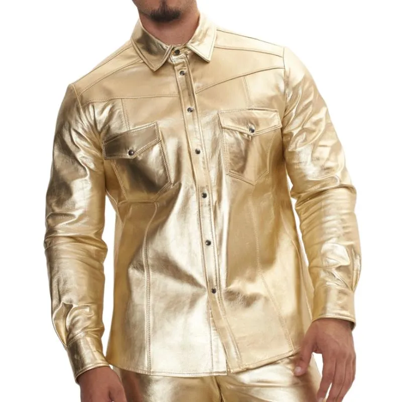 Men's Trendy Lapel Shiny Leather Long-sleeved Shirt 49993368F sold by Manly product image thumbnail 2