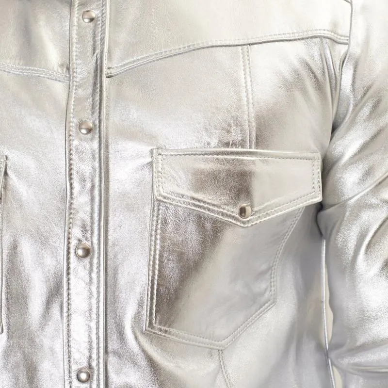 Men's Trendy Lapel Shiny Leather Long-sleeved Shirt 49993368F sold by Manly product image thumbnail 5