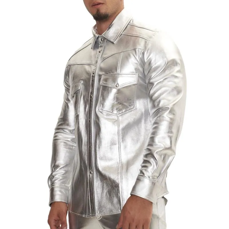 Men's Trendy Lapel Shiny Leather Long-sleeved Shirt 49993368F sold by Manly product image thumbnail 3