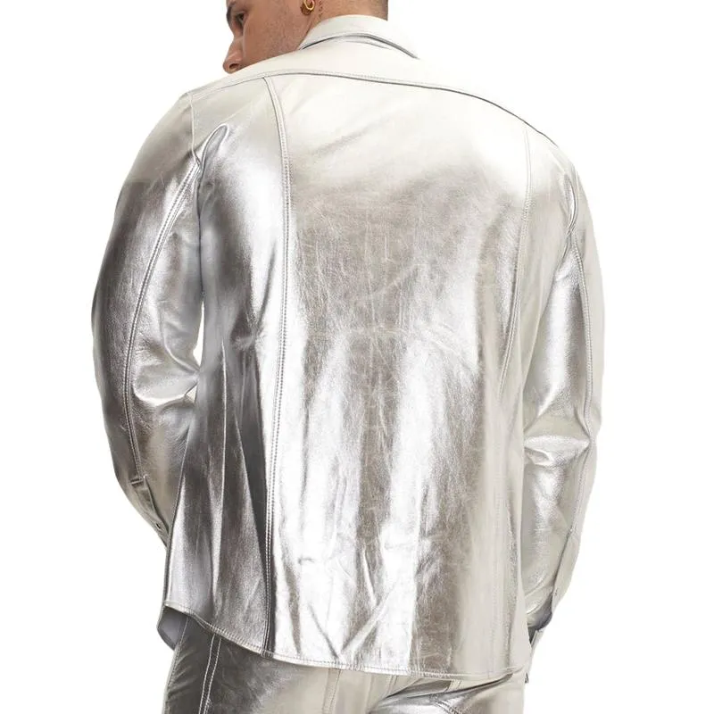 Men's Trendy Lapel Shiny Leather Long-sleeved Shirt 49993368F sold by Manly product image thumbnail 4