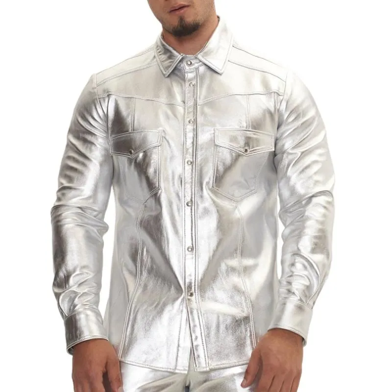 Men's Trendy Lapel Shiny Leather Long-sleeved Shirt 49993368F sold by Manly