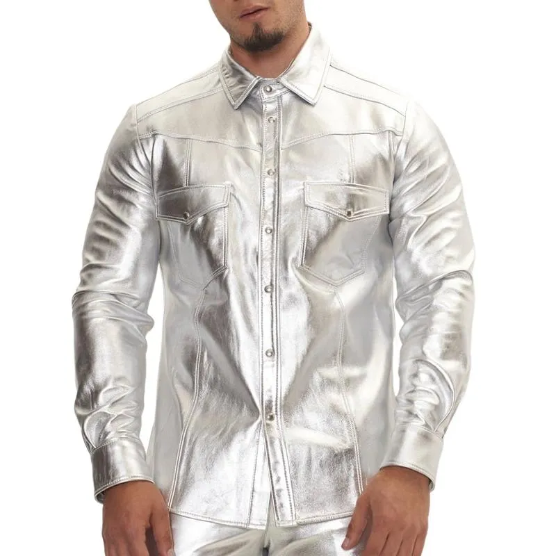 Men's Trendy Lapel Shiny Leather Long-sleeved Shirt 49993368F sold by Manly