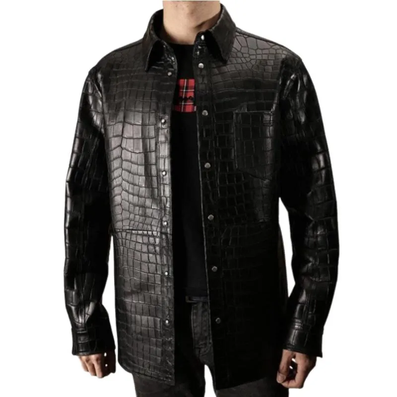 Men's Classic Lapel Croc Pattern Leather Long Sleeve Shirt 72499061F sold by Manly
