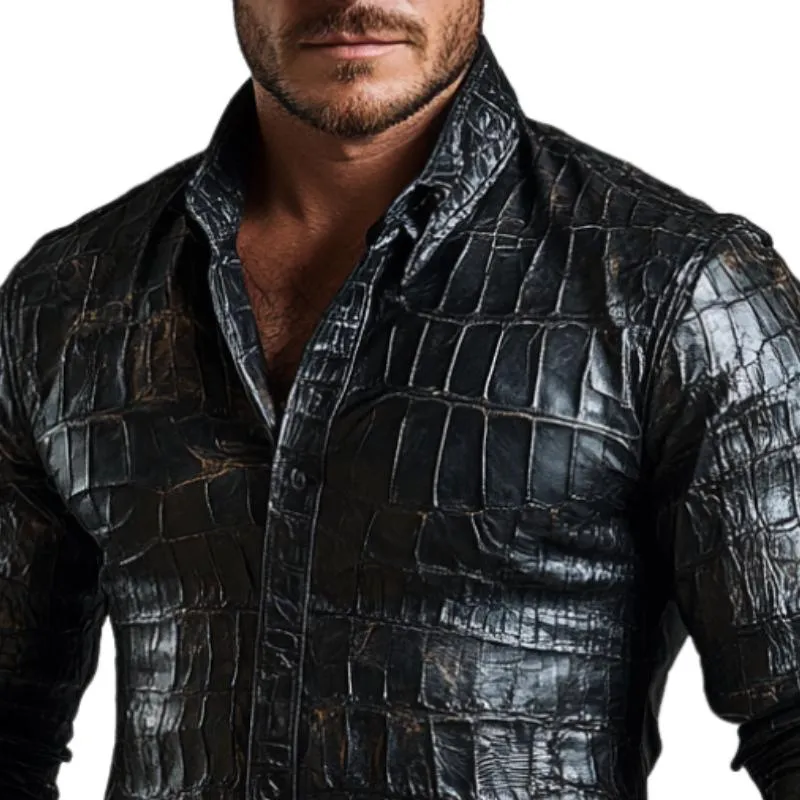 Men's Casual Black Lapel Textured Leather Shirt 59717220F sold by Manly product image thumbnail 2