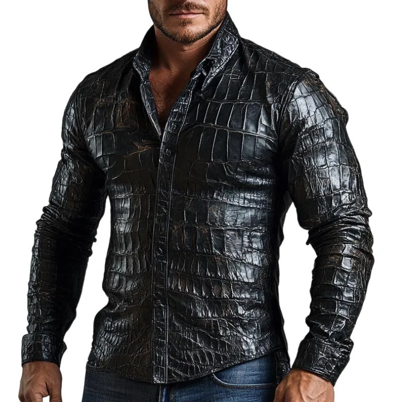 Men's Casual Black Lapel Textured Leather Shirt 59717220F sold by Manly