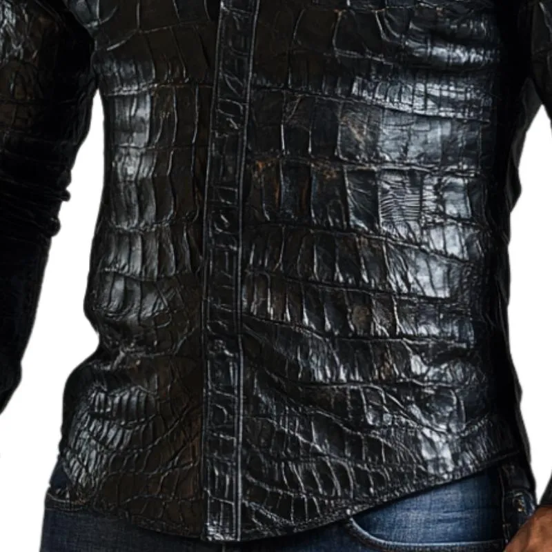 Men's Casual Black Lapel Textured Leather Shirt 59717220F sold by Manly product image thumbnail 3