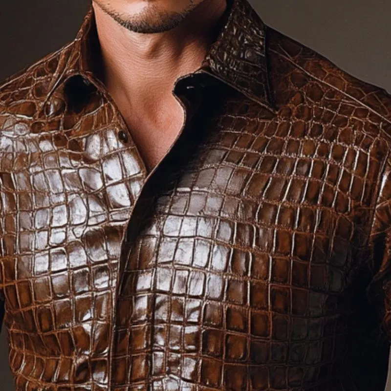 Men's Vintage Casual Lapel Textured Leather Shirt 70089458F sold by Manly product image thumbnail 3