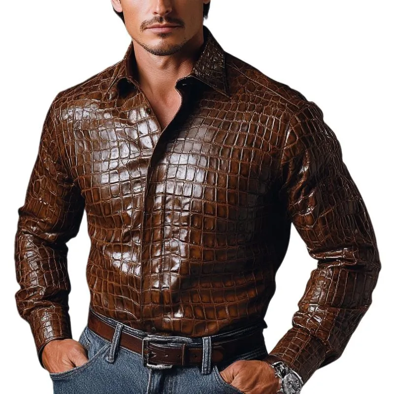 Men's Vintage Casual Lapel Textured Leather Shirt 70089458F sold by Manly
