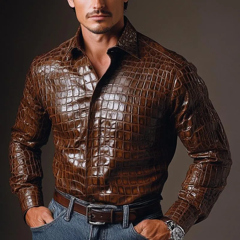 Men's Vintage Casual Lapel Textured Leather Shirt 70089458F sold by Manly product image thumbnail 2