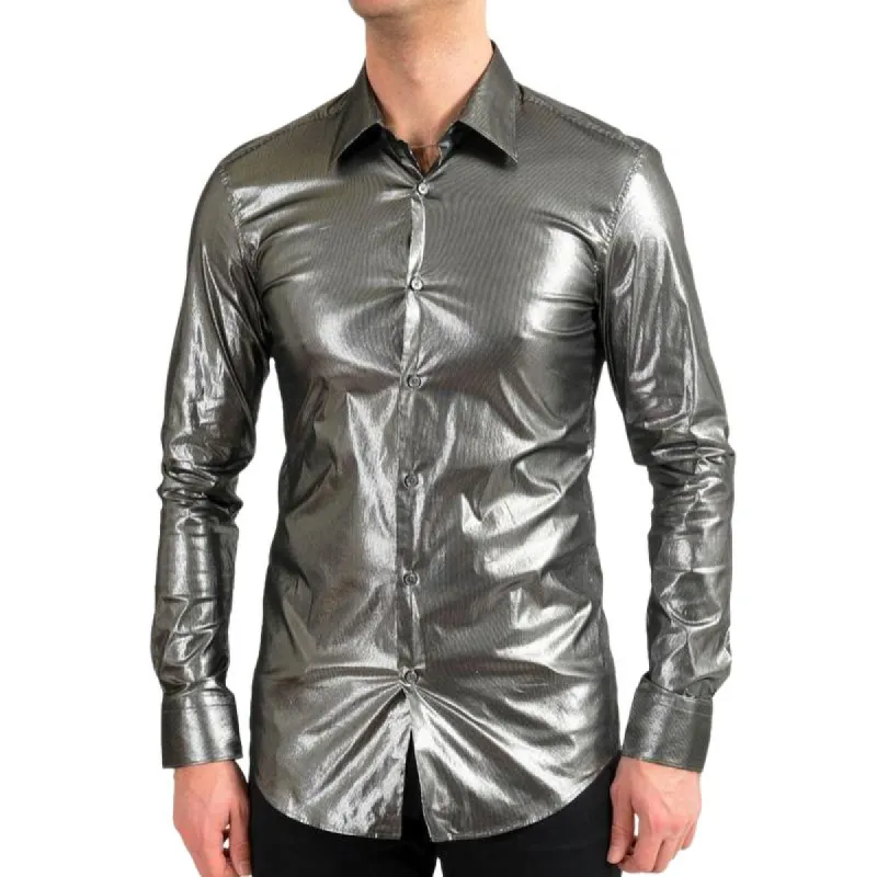Men's Stylish Slim Lapel Glossy Leather Long Sleeve Shirt 30515041F sold by Manly