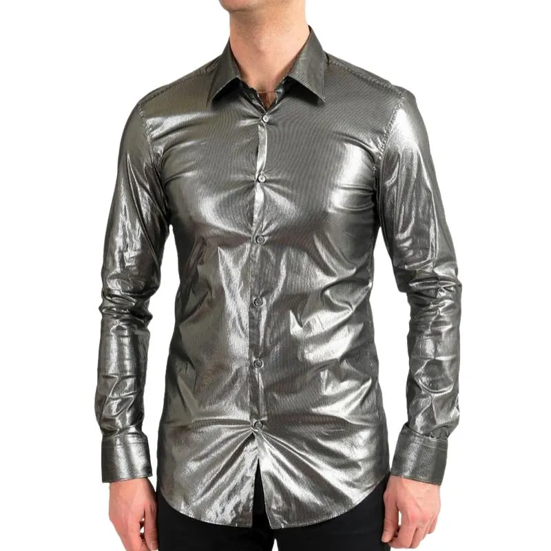 Men's Stylish Slim Lapel Glossy Leather Long Sleeve Shirt 30515041F sold by Manly