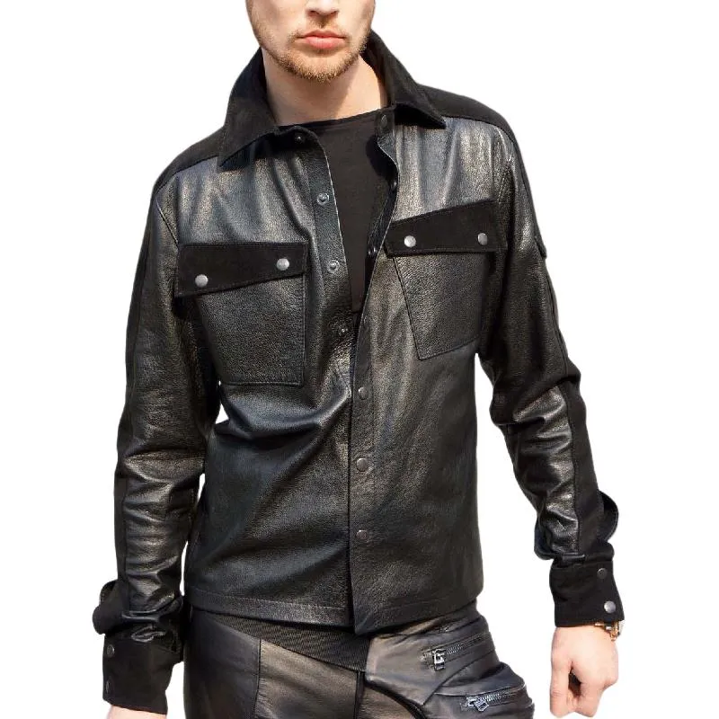 Men's Classic Leather Lapel Long Sleeve Shirt 44087978F sold by Manly