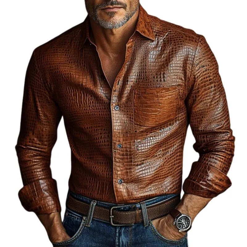 Men's Vintage Distressed Lapel Textured Leather Shirt 95619115F sold by Manly