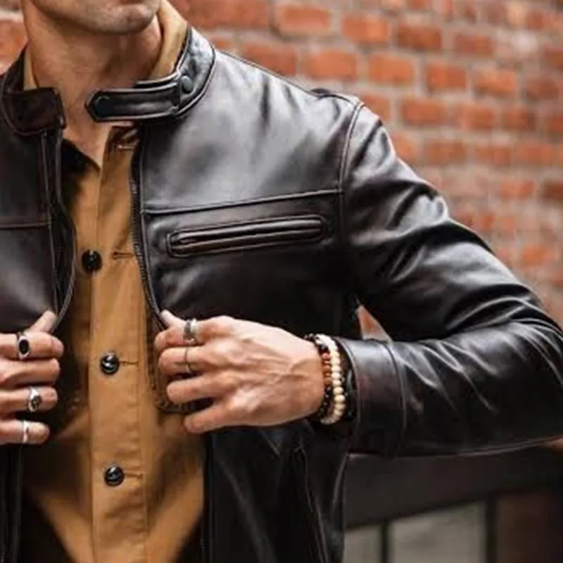 Men's Vintage Distressed Zipper Leather Jacket 11429941U sold by Manly product image thumbnail 3