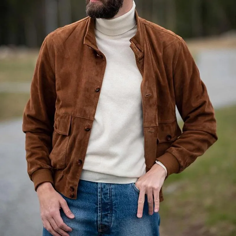 Men's Vintage Stand Collar Suede Button Jacket 33666549U sold by Manly product image thumbnail 2