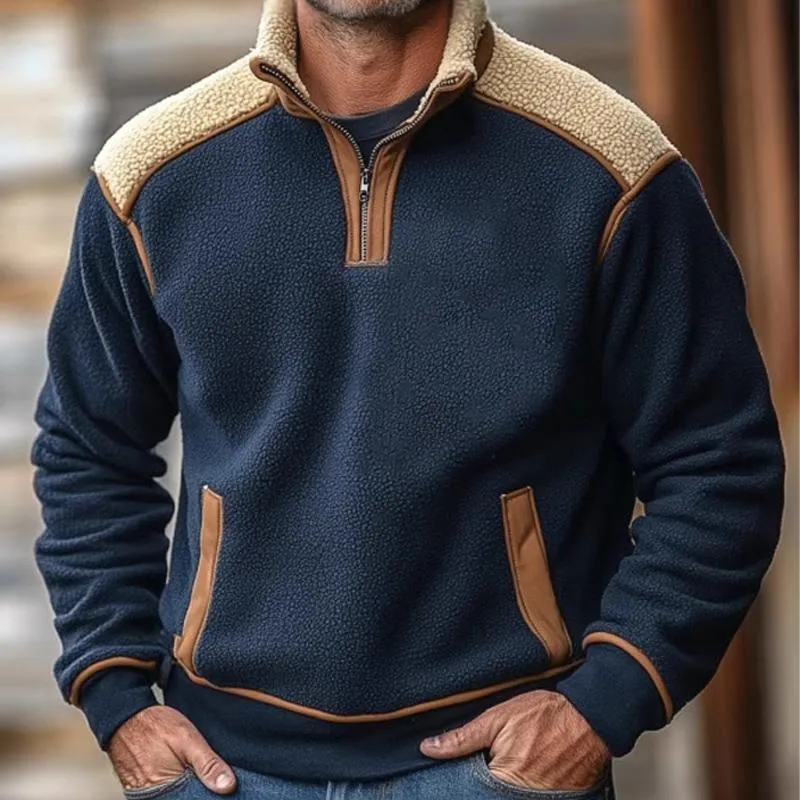Men's Retro Stand Collar Lambswool Splicing Sweatshirt 69174461U sold by Manly product image thumbnail 3