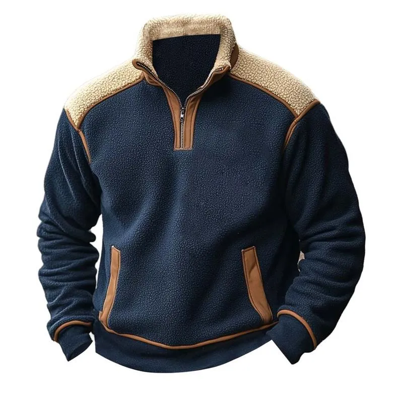 Men's Retro Stand Collar Lambswool Splicing Sweatshirt 69174461U sold by Manly product image thumbnail 2