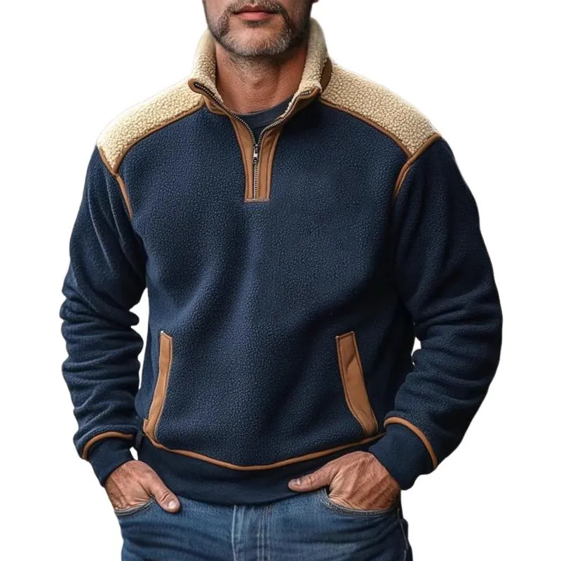 Men's Retro Stand Collar Lambswool Splicing Sweatshirt 69174461U sold by Manly