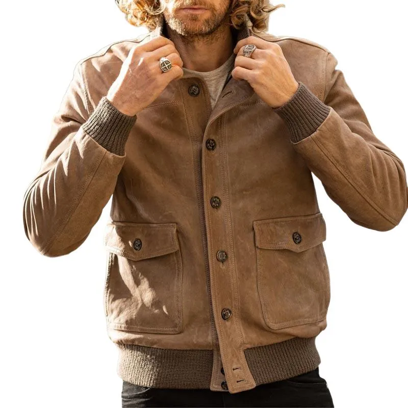Men's Vintage Suede Stand Collar Button Jacket 46575946U sold by Manly