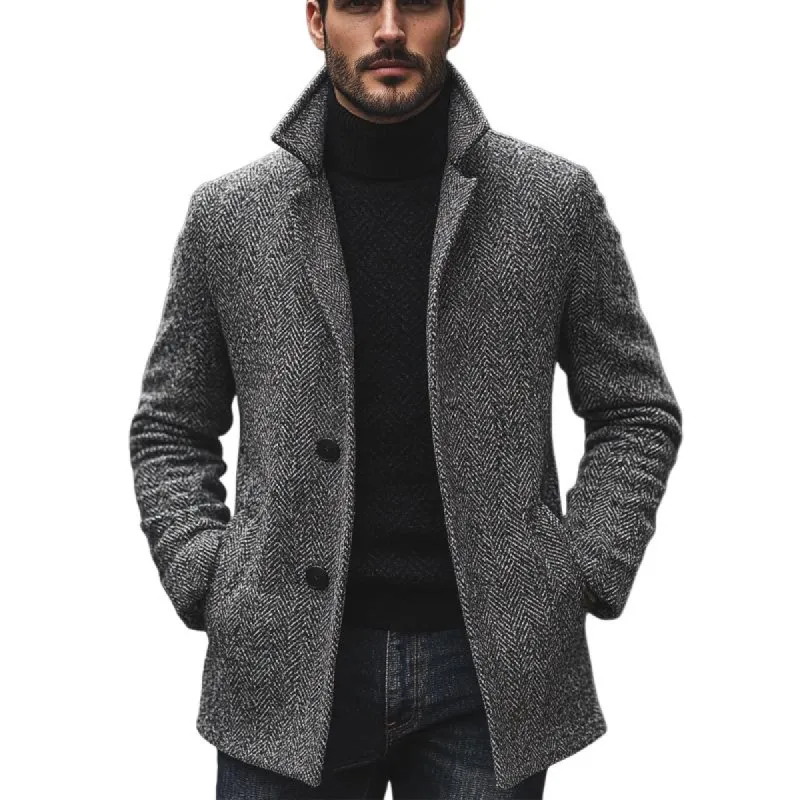 Men's Dark Grey Herringbone Notched Lapel Two Button Mid-Length Coat 94847486U sold by Manly