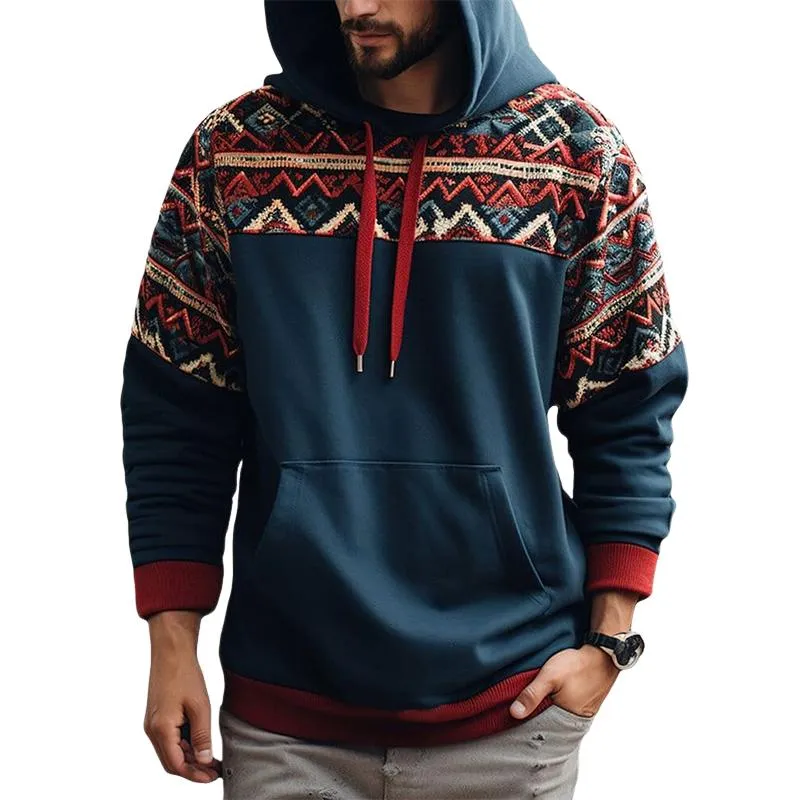 Men's Retro Loose Printed Patchwork Hoodie 61299979U sold by Manly