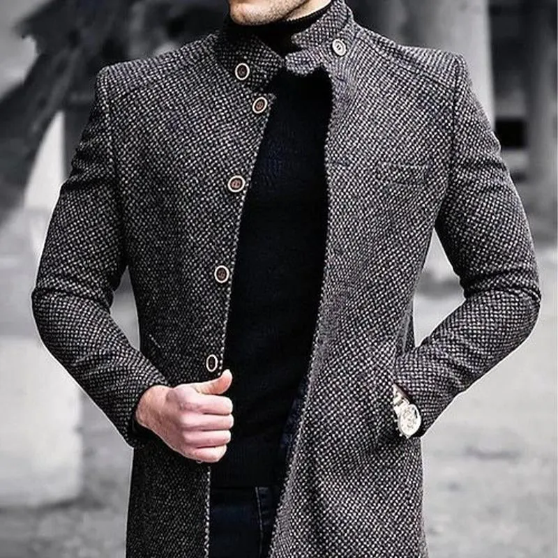 Men's Plaid Stand Collar Button Mid-Length Coat 94128597U sold by Manly product image thumbnail 3